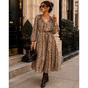 Michael Kors Snake Print Midi Dress Long Sleeve Tie Waist  Med NWT Quiet Luxury